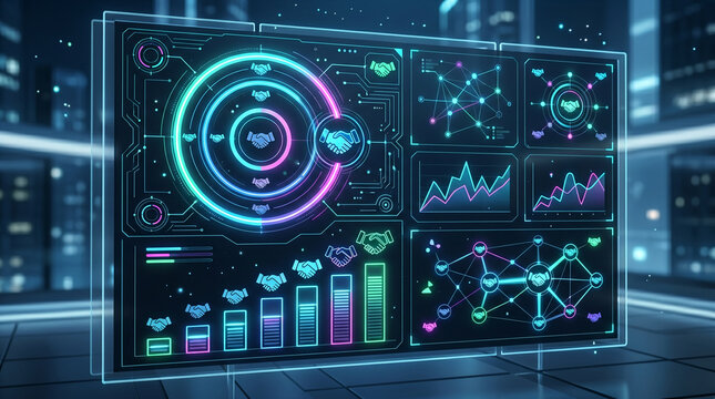 Futuristic digital interface with glowing data and handshake icons