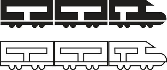 Train icon set in flat, outline style. Freight cargo wagons, passenger railcars and locomotive transport symbols. Minimal railway illustration collection for logistics, travel and infographic designs. © Mr 360 graphic