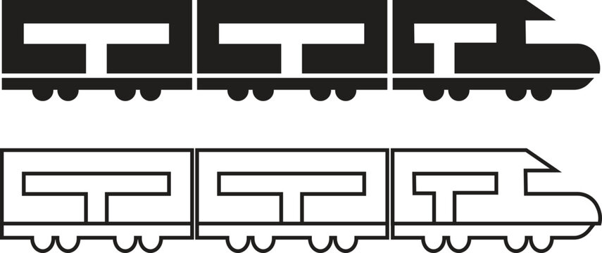 Train icon set in flat, outline style. Freight cargo wagons, passenger railcars and locomotive transport symbols. Minimal railway illustration collection for logistics, travel and infographic designs.