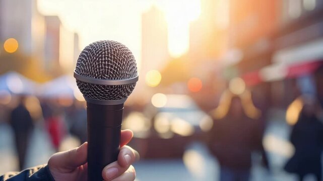 Hand holding microphone in city street with blurred background