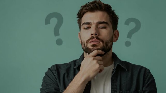 Thoughtful Young Man Pondering a Question Mark in a Minimalist Studio Setting for Conceptual Design