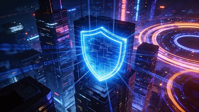 Futuristic city night with glowing blue shield and binary code