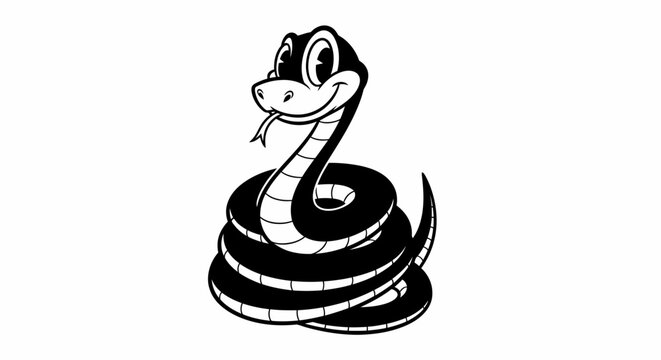 Smiling coiled snake in retro rubber hose animation style