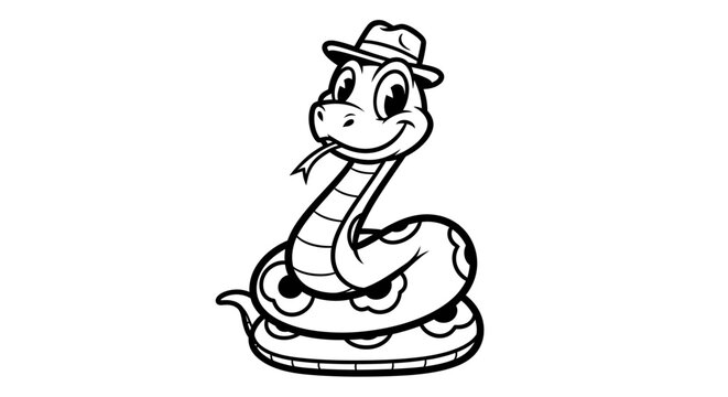 Smiling cartoon snake wearing a hat line art illustration