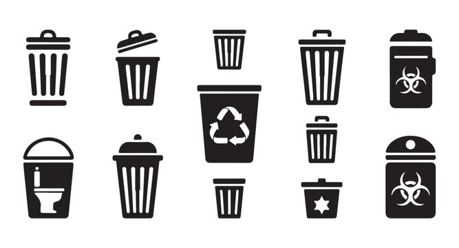 Set of various black trash can icons, including recycle and biohazard symbols on transparent background.