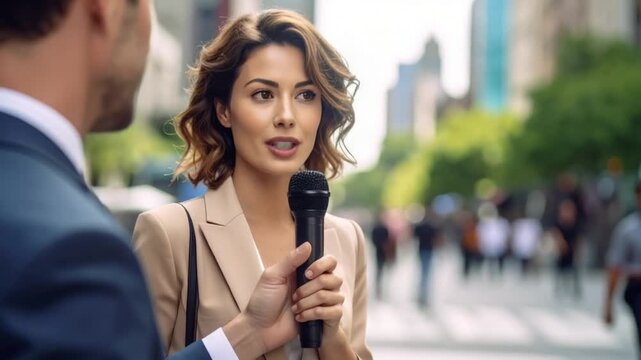 Female reporter conducting an interview on a busy city street