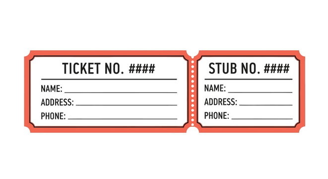 Blank Admission Ticket and Stub with Fields for Name, Address, Phone