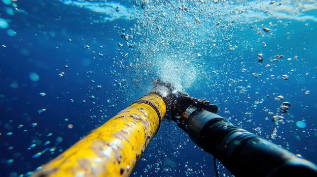 Underwater Scene with Diver's Equipment and Bubbles in Deep Ocean