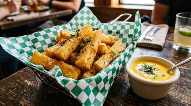 A basket filled with golden-brown tostones sits on a wooden table. The tostones are arranged on a green and white checkered paper liner.