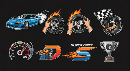Set of racing and drifting car elements and symbols. © Dekek