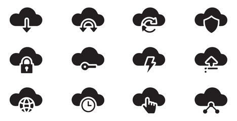 Obraz premium Cloud computing icons set for data storage and network services with download security and exchange.