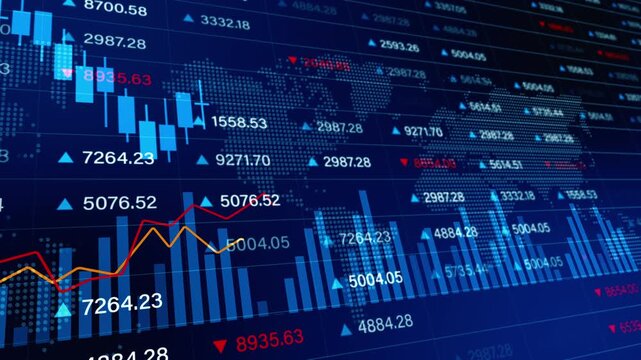 Global financial trading dashboard featuring candlestick charts, volume bars, and world map visualization representing international market trends and financial analytics. Investment background
