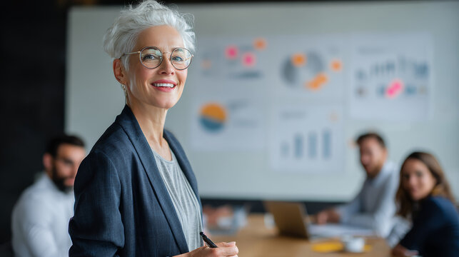 Senior businesswoman leader office presentation diverse team meeting analytics whiteboard success strategy collaboration Senior businesswoman