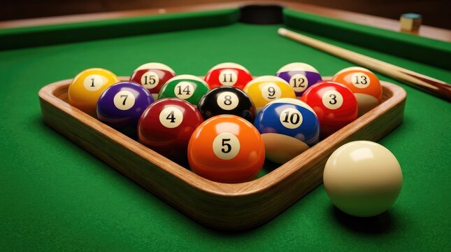 A billiard table displays a rack of numbered pool balls. A cue stick rests beside the rack, and a white cue ball sits in the center of the green felt table.