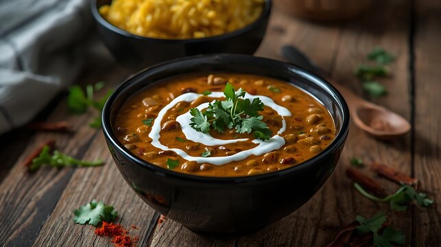 Delicious Dal Makhani Served in a Black Bowl with Cream Swirl and Cilantro Garnish.