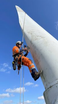 Wind turbine worker suspended by ropes inspecting blade surface at height with helmet and safety equipment for industrial maintenance and wind energy inspection