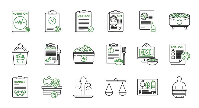 Outline vector icons for nutrition tracking, personalized diet plans, healthy eating habits, food market analysis, and comprehensive wellness management solutions