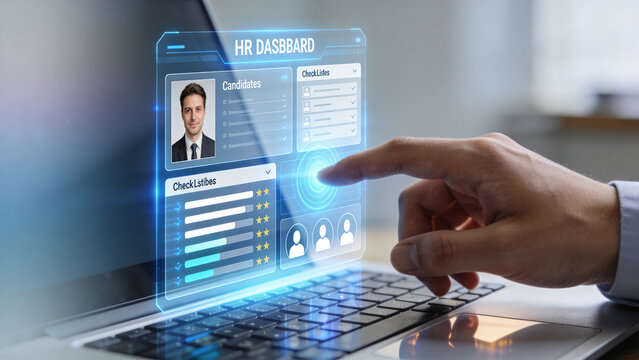HR Dashboard Interface on Laptop, Employee Management System, Recruitment Analytics, Candidate Evaluation and Human Resources Technology Concept
