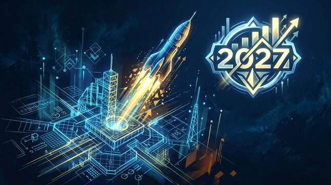 Futuristic rocket launch and 2027 growth chart.