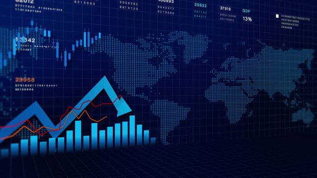 Financial growth concept with upward arrow, bar charts, and global market data background representing economic expansion, profit growth, and positive investment trends.