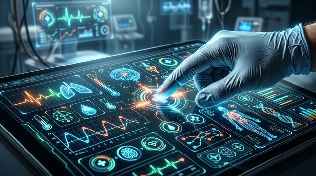 Futuristic medical interface with holographic display and gloved hand.