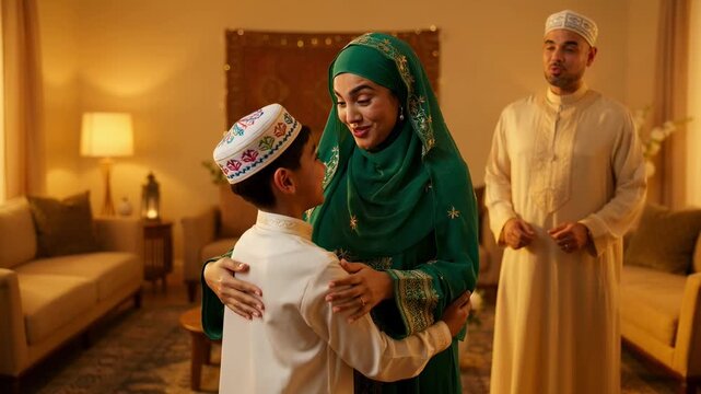 Young boy in traditional kufi cap embraces his mother wearing green embroidered hijab while father watches in warm-lit living room during family gathering.
