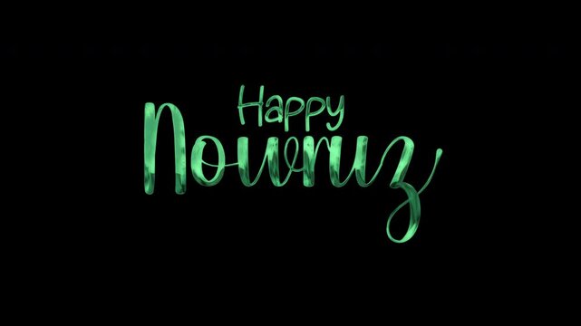 Displays happy nowruz in glowing green script on a black background. Suitable for nowruz holiday promotions, event announcements, and festive designs.