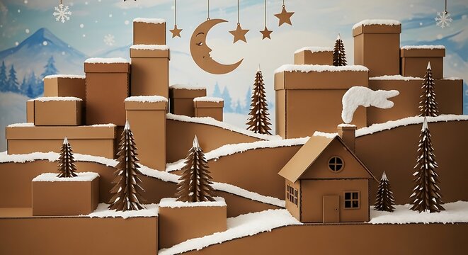 Three dimensional paperboard village setup features snow covered surfaces and festive sky decorations