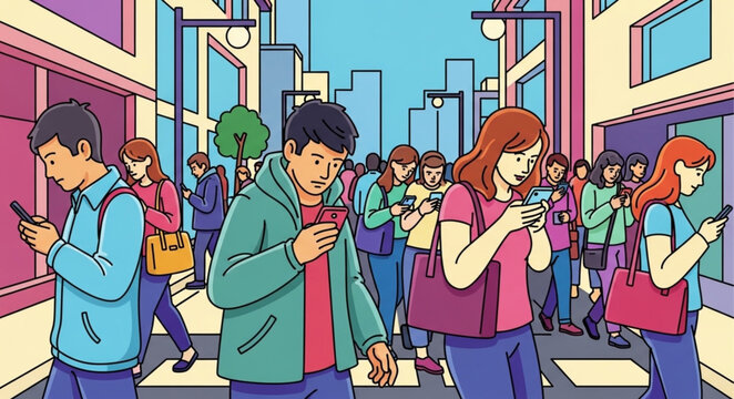 People engrossed in their phones crossing a city street.