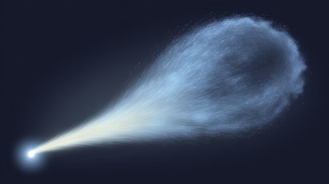 A glowing comet with a bright nucleus and a diffuse blue tail against a dark background