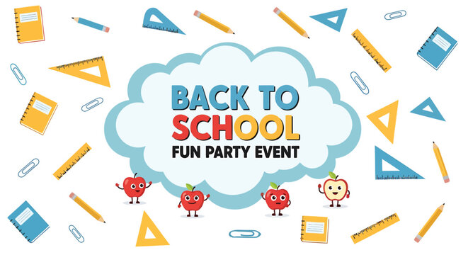 Back to school, fun party event, colorful illustration, educational theme, vector graphics
