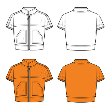 Female cropped blouson jacket front and back view mockup template vector design technical illustration.