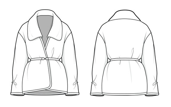 Women&rsquo;s bathrobe front and back view technical flat sketch vector mockup illustration.