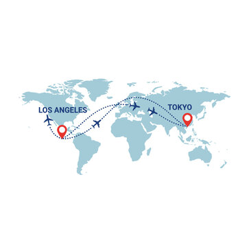 World Map Flight Path: LA to Tokyo