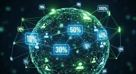 Obraz premium Glowing green globe with percentages and icons on a dark background representing data visualization and global connectivity