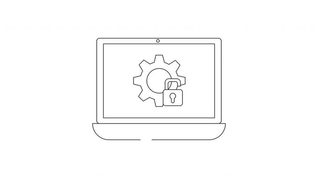 Laptop screen displays gear and lock icon representing security and settings.