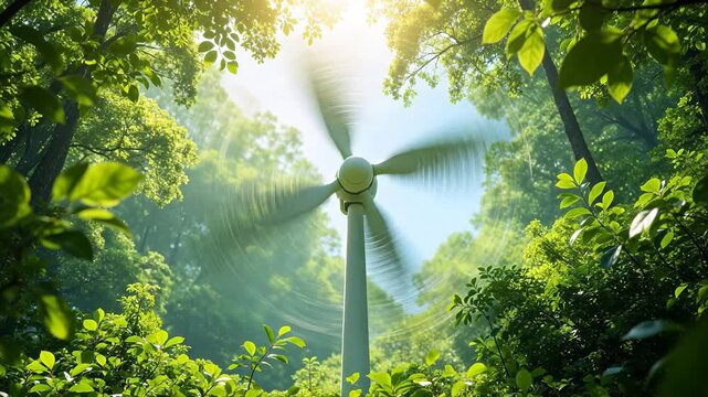 White wind turbine generating clean energy in green forest with natural sunlight and trees