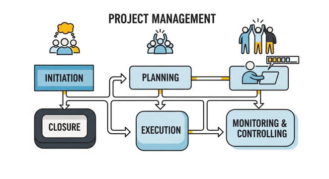 Project Management Process - Initiation, Planning, Execution, Monitoring, and Closure.