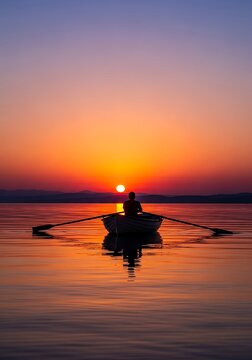 Solitary figure rows a small wooden boat across calm water during a vibrant sunset