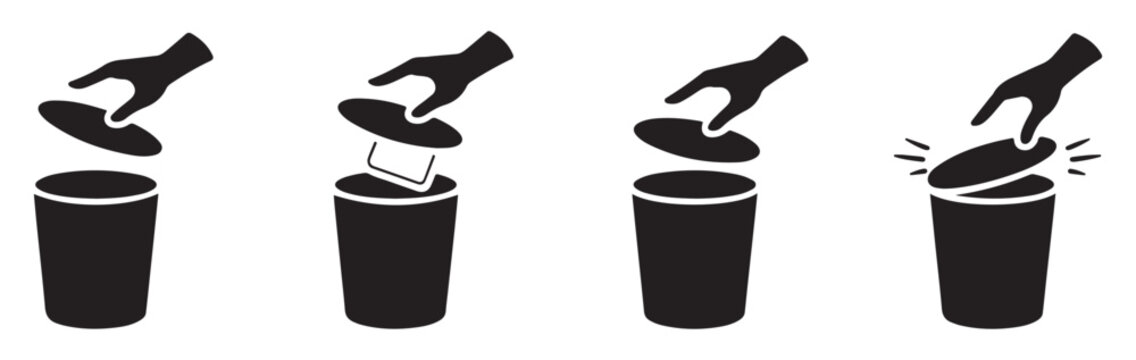 Human hand opening trash can lid to discard rectangular object into waste bin for proper sanitation.