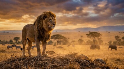 Obraz premium Majestic Male Lion Standing on Hill at Sunset with Zebras and Elephants in Background for African Savanna Wildlife and Safari Tourism Concept