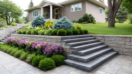 Naklejka premium Residential house showing beautiful landscaping with stone steps
