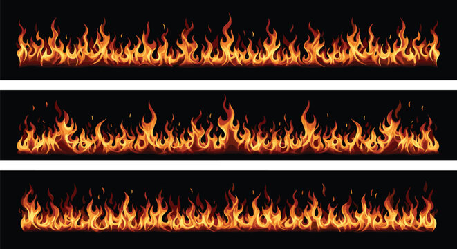 Set of three horizontal strips featuring realistic fire and flame effects glowing intensely against a dark and stark black background.