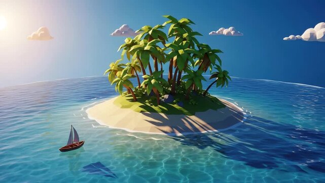 Cartoon island with palm trees and sailing boat against blue sky