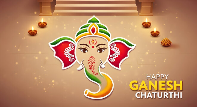 Happy Ganesh Chaturthi Greeting with Ganesha Rangoli and Diyas. AI Generated