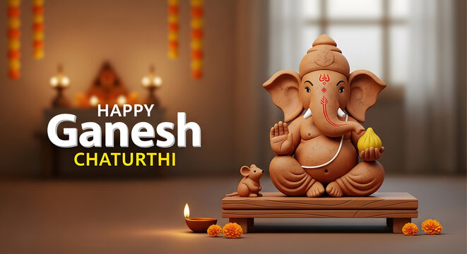 Happy Ganesh Chaturthi Greeting with Clay Ganesha Idol and Diya. AI Generated