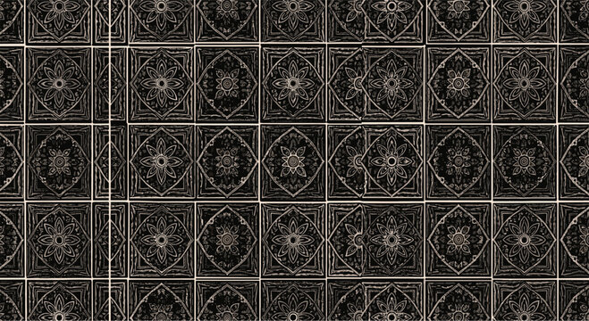 Dark vintage ornate tile pattern with intricate floral and geometric details repeating across a textured black background.
