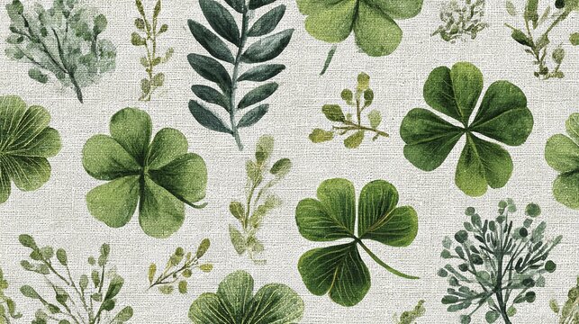 Botanical pattern featuring green clovers and leafy plants on a light textured background