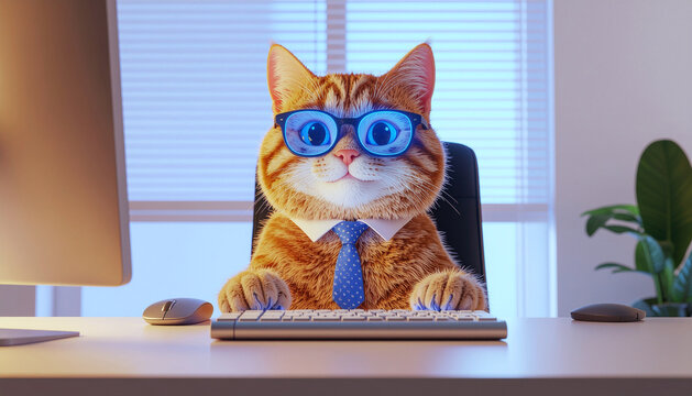 Funny orange tabby cat wearing blue glasses and a tie working at a computer in an office