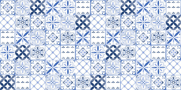 Seamless blue tile pattern, traditional Mediterranean ceramic mosaic background, Portuguese azulejo style